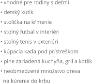  vhodn pre rodiny s demi  detsk ktik  stolika na kmenie  stoln futbal v interiri  stoln tenis v exteriri  kpacia kaa pod prstrekom  plne zariaden kuchya, gril a kotlk  neobmedzen mnostvo dreva    na krenie do krbu