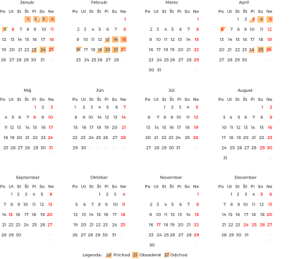 1     2     3     4      5  6      7    8    9   10     11    12  13    14   15   16   17    18    19  20   21   22  23  24    25   26  27   28  29  30  31            22                       Po   Ut   St   Št   Pi   So   Ne Január Po   Ut   St   Št   Pi   So   Ne Február Po   Ut   St   Št   Pi   So   Ne 1      2  3    4     5    6     7     8      9  10   11   12   13   14    15    16  17   18   19  20   21   22   23  24   25  26  27  28   29  30  31                                     33                                Marec Legenda:    20  Príchod   21  Obsadené   22 Odchod    Po   Ut   St   Št   Pi   So   Ne Apríl Po   Ut   St   Št   Pi   So   Ne Máj Po   Ut   St   Št   Pi   So   Ne Jún Po   Ut   St   Št   Pi   So   Ne August Po   Ut   St   Št   Pi   So   Ne September Po   Ut   St   Št   Pi   So   Ne Október Po   Ut   St   Št   Pi   So   Ne November Po   Ut   St   Št   Pi   So   Ne December Po   Ut   St   Št   Pi   So   Ne Júl 1    2     3     4     5      6  7    8    9   10    11    12    13  14  15   16    17   18    19  20  21  22  23   24   25   26  27  28  29  30                         31                                     33                                1    2     3     4     5      6  7    8    9   10    11    12    13  14  15   16    17   18    19  20  21  22  23   24   25   26  27  28  29  30   31                  31                                     33                                      1  2    3     4    5     6     7      8  9    10   11   12   13    14    15  16   17   18  19   20   21   22  23   24  25 26   27   28  29     30   31                               31                               1      2     3     4     5      6     7  8     9   10    14   12    13    14  15    16   17   18   19   20    21  22   23   24  25  26    27   28  29   30  28  29  30    31    22                       1     2      3  4    5    6     7    8     9    10  11  12   13    14   15    16   17  18  19  20   21   22   23  24  25  26  27  28   29  30   31                                                            33                                 1     2     3      4  5     6     7    8    9     10    11  12    13   14   15   16    17    18  19   20   21  22  23    24   25  26   27  28  29  30    31    22                             1  2    3     4    5     6     7      8  9    10   11   12   13    14    15  16   17   18  19   20   21   22  23   24  25 26   27   28  29     30                                     31                               1     2     3      4  5     6     7    8    9     10    11  12    13   14   15   16    17    18  19   20   21  22  23    24   25  26   27  28  29  30    31    22                       1     2     3     4      5  6      7    8    9   10     11    12  13    14   15   16   17    18    19  20   21   22  23  24    25   26  27   28  29  30                  22                             1  2    3     4    5     6     7      8  9    10   11   12   13    14    15  16   17   18  19   20   21   22  23   24  25 26   27   28     1