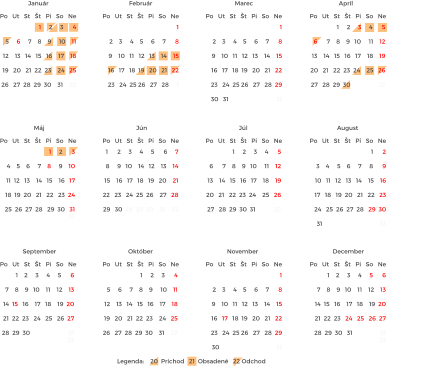1     2     3     4      5  6      7    8    9   10     11    12  13    14   15   16   17    18    19  20   21   22  23  24    25   26  27   28  29  30  31            22                       Po   Ut   St   Št   Pi   So   Ne Január Po   Ut   St   Št   Pi   So   Ne Február Po   Ut   St   Št   Pi   So   Ne 1      2  3    4     5    6     7     8      9  10   11   12   13   14    15    16  17   18   19  20   21   22   23  24   25  26  27  28   29  30  31                                     33                                Marec Legenda:    20  Príchod   21  Obsadené   22 Odchod    Po   Ut   St   Št   Pi   So   Ne Apríl Po   Ut   St   Št   Pi   So   Ne Máj Po   Ut   St   Št   Pi   So   Ne Jún Po   Ut   St   Št   Pi   So   Ne August Po   Ut   St   Št   Pi   So   Ne September Po   Ut   St   Št   Pi   So   Ne Október Po   Ut   St   Št   Pi   So   Ne November Po   Ut   St   Št   Pi   So   Ne December Po   Ut   St   Št   Pi   So   Ne Júl 1    2     3     4     5      6  7    8    9   10    11    12    13  14  15   16    17   18    19  20  21  22  23   24   25   26  27  28  29  30                         31                                     33                                1    2     3     4     5      6  7    8    9   10    11    12    13  14  15   16    17   18    19  20  21  22  23   24   25   26  27  28  29  30   31                  31                                     33                                      1  2    3     4    5     6     7      8  9    10   11   12   13    14    15  16   17   18  19   20   21   22  23   24  25 26   27   28  29     30   31                               31                               1      2     3     4     5      6     7  8     9   10    14   12    13    14  15    16   17   18   19   20    21  22   23   24  25  26    27   28  29   30  28  29  30    31    22                        1     2     3      4  5     6     7    8    9     10    11  12    13   14   15   16    17    18  19   20   21  22  23    24   25  26   27  28  29  30    31    22                             1  2    3     4    5     6     7      8  9    10   11   12   13    14    15  16   17   18  19   20   21   22  23   24  25 26   27   28  29     30                                     31                                    1  2    3     4    5     6     7      8  9    10   11   12   13    14    15  16   17   18  19   20   21   22  23   24  25 26   27   28     1                              1     2      3  4    5    6     7    8     9    10  11  12   13    14   15    16   17  18  19  20   21   22   23  24  25  26  27  28   29  30   31                                                            33                                1     2     3     4      5  6      7    8    9   10     11    12  13    14   15   16   17    18    19  20   21   22  23  24    25   26  27   28  29  30                  22                        1     2     3      4  5     6     7    8    9     10    11  12    13   14   15   16    17    18  19   20   21  22  23    24   25  26   27  28  29  30    31    22
